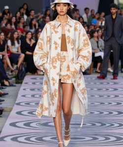 Photograph of a slender light skinned asian woman modeling a white floral patterned trench coat and matching hat on a runway