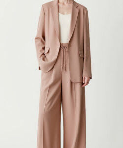Photograph of a slender light skinned woman in a beige blazer matching pants white tank top and sandals standing against white