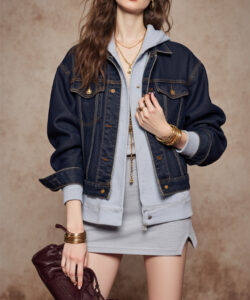Photograph of a slim fair skinned woman with wavy brown hair wearing glasses denim jacket and grey dress holding a bag