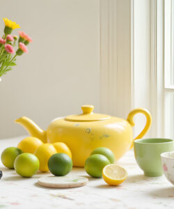 Photograph-of-a-sunny-table-with-a-yellow-teapot-lemons-flowers-and-glasses-with-a-window-and-greenery-outside