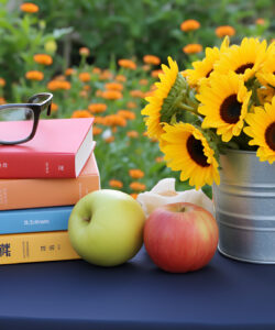 Photograph-of-a-table-with-books-apples-sunflowers-and-glasses-set-against-a-vibrant-garden-backdrop-with-orange-flowers