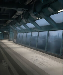 Photograph-of-an-empty-dimly-lit-futuristic-train-station-with-blue-and-teal-metallic-accents-large-windows-and-concrete-floor