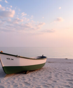 Photograph-of-an-empty-white-boat-with-green-trim-on-a-serene-beach-at-sunset-with-a-clear-sky