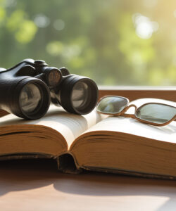 Photograph-of-an-open-book-with-binoculars-and-glasses-on-a-sunlit-windowsill-surrounded-by-blurred-greenery-outside