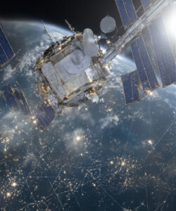 Photograph-of-the-International-Space-Station-orbiting-Earth-at-night-featuring-solar-panels-antennae-and-illuminated-cities-below