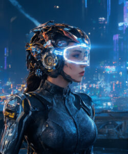 Photorealistic-CGI-futuristic-woman-in-metallic-armor-glowing-visor-neon-lit-cityscape-background-sci-fi-aesthetics-detailed-textures-cyberpunk-style