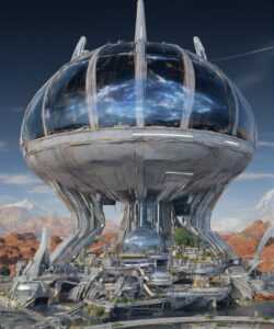 Photorealistic-CGI-of-a-futuristic-dome-shaped-space-station-with-a-reflective-blue-lit-interior-set-against-a-starry-desert-landscape