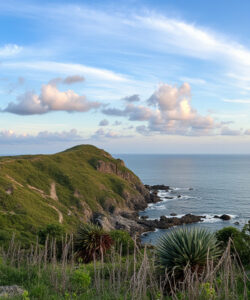 panoramic-photo-of-a-coastline-at-sunset-blue-sky-with-clouds-ocean-rocky-shoreline-lush-greenery-jpeg-artifacts