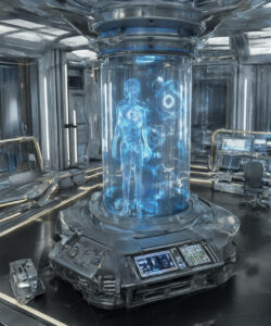 science-fiction-digital-art-futuristic-laboratory-holographic-figure-metallic-textures-high-tech-equipment-blue-lighting-detailed-3D-rendering
