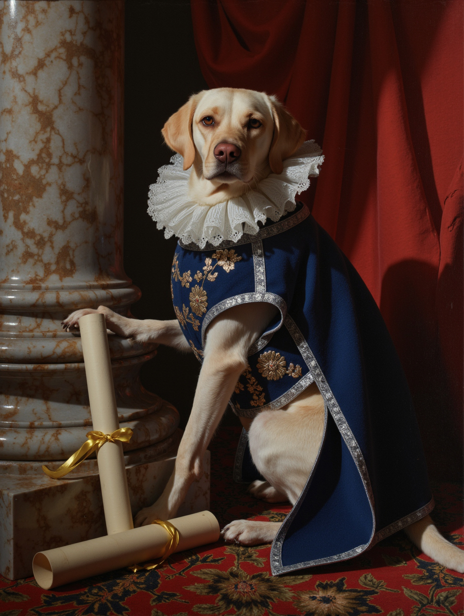 18th Century Golden Retriever Lace Attire In Floral Room