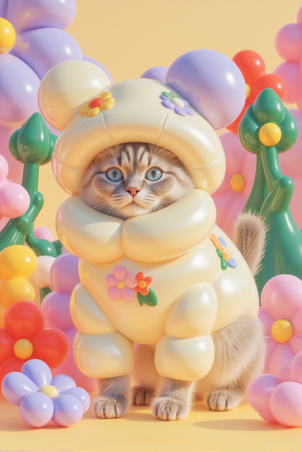 3d Render Cat Big Eyes Cute Soft Shading Pastel Colors Whimsical Floral Costume Whimsical Flowers Flowers Plants Yellow Background