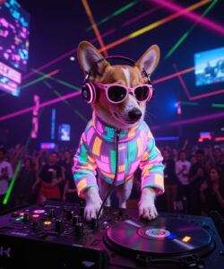 A CGI Image Of A Corgi DJ In A Colorful Neon Lit Club With Vibrant Lights And A Dancing Crowd