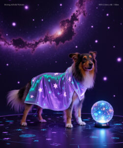 A CGI Image Of A Collie Dog Adorned In A Purple Starry Blanket Beside A Glowing Crystal Ball Set Against A Cosmic Background
