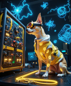 A CGI Rendered Futuristic Lab Scene Featuring A Cybernetically Enhanced Chihuahua In A Yellow Lab Coat With Neon Circuitry
