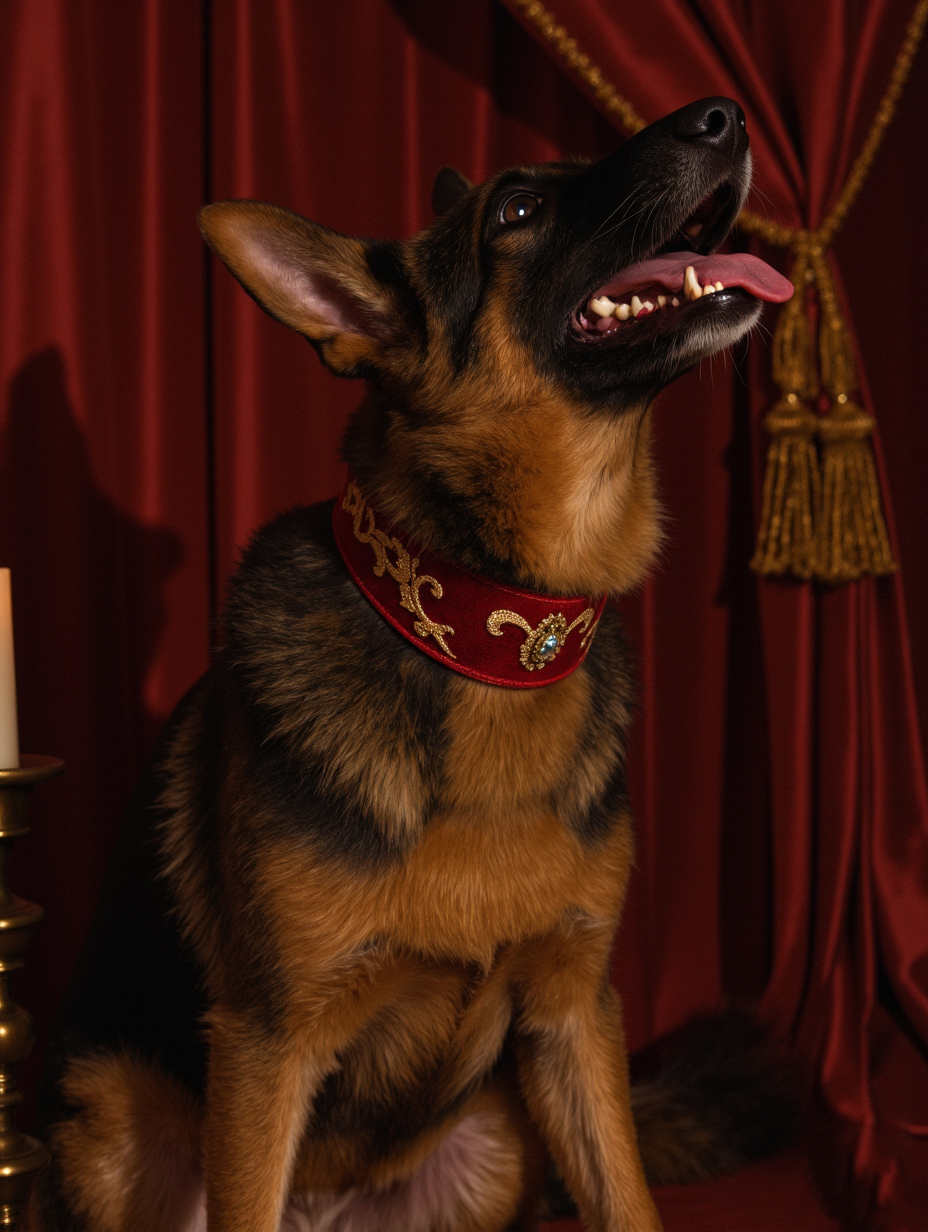 A German Shepherd Adorned With A Red Collar Sits In A Luxurious Setting With Rich Red Curtains And A Candle