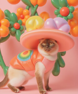 A Siamese Cat In An Orange Balloon Themed Onesie And Oversized Hat Stands Among Vibrant Inflatable Flowers Against A Pastel Pink Background