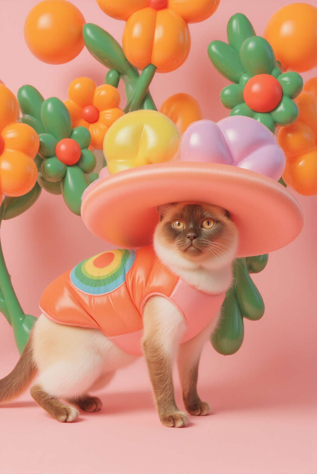 A Siamese Cat In An Orange Balloon Themed Onesie And Oversized Hat Stands Among Vibrant Inflatable Flowers Against A Pastel Pink Background