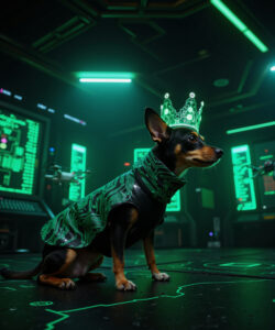 A Digital CGI Image Featuring A Small Dog In A Neon Green Cybernetic Suit And Crown Set In A Futuristic Lab