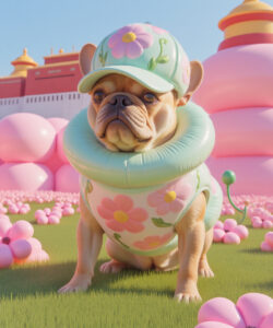 A Digitally Rendered Chubby French Bulldog In A Pink Flower Patterned Outfit And Hat Surrounded By Pink Balloons And Flowers
