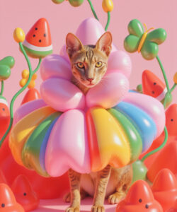 A Digitally Rendered Image Of A Cat Adorned With A Colorful Balloon Like Flower Against A Pastel Pink Background