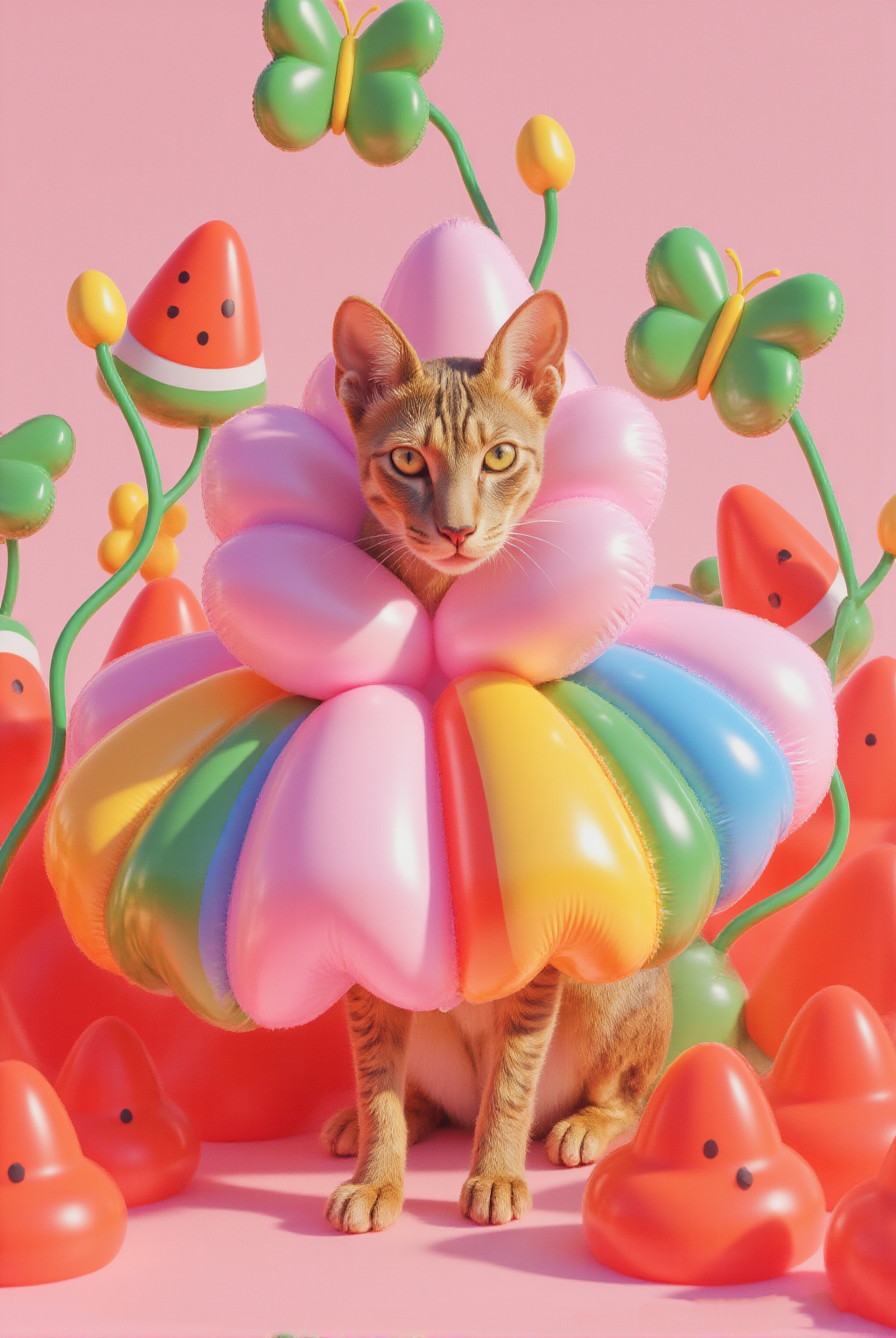 A Digitally Rendered Image Of A Cat Adorned With A Colorful Balloon Like Flower Against A Pastel Pink Background