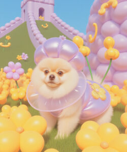 A Fluffy Pomeranian Dog In A Transparent Lavender Collar And Matching Headdress Stands Amidst A Whimsical Flower Filled Castle Like Landscape
