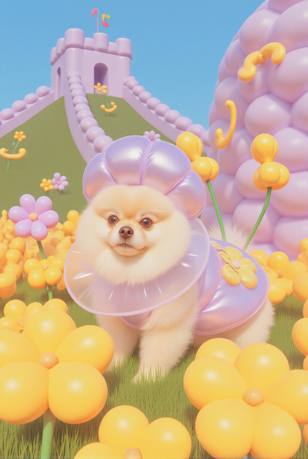A Fluffy Pomeranian Dog In A Transparent Lavender Collar And Matching Headdress Stands Amidst A Whimsical Flower Filled Castle Like Landscape