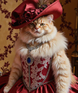 A Fluffy Ginger Cat In A Victorian Style Red And White Corset Dress With A Matching Hat Ornate Necklace And Pearls