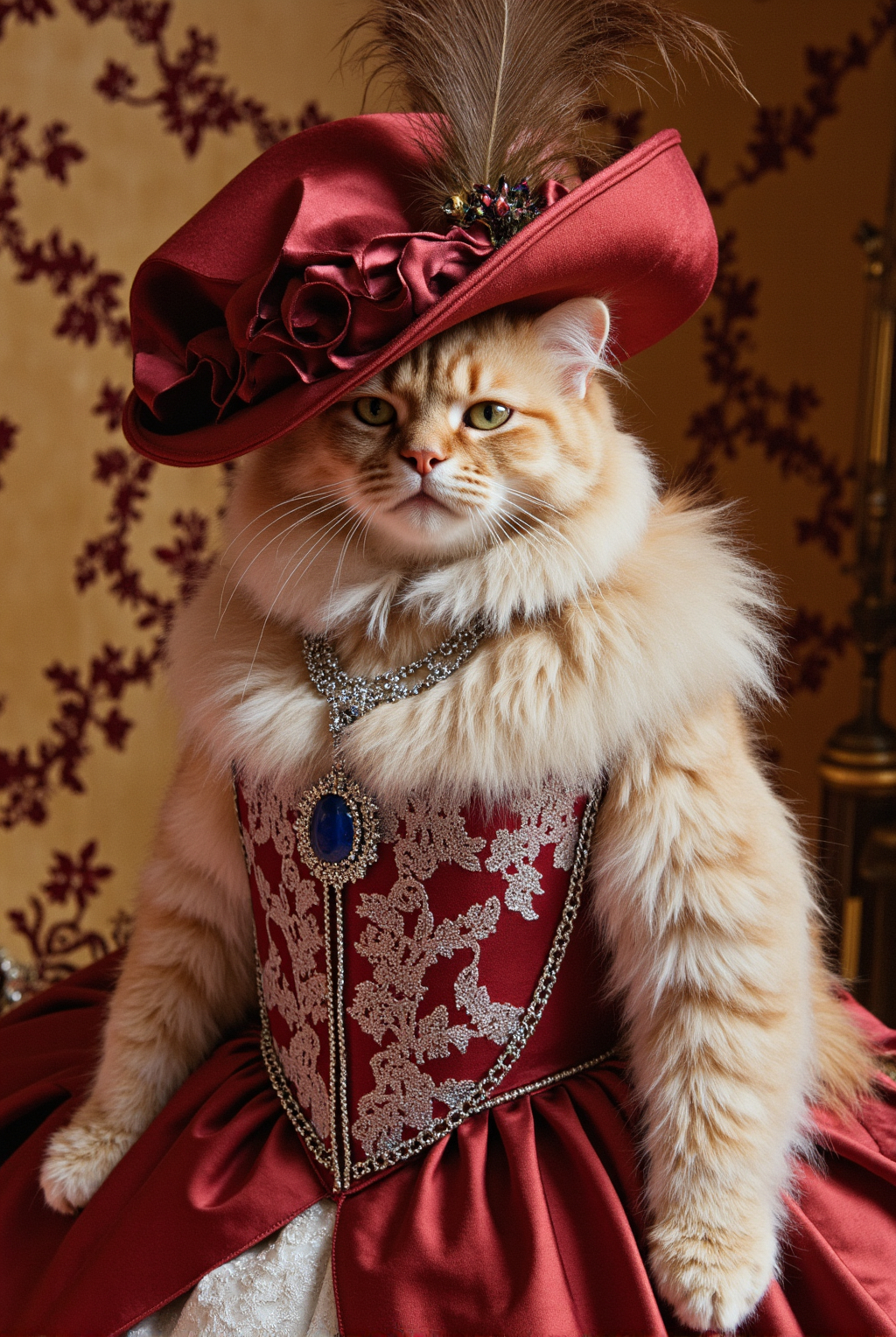 A Fluffy Ginger Cat In A Victorian Style Red And White Corset Dress With A Matching Hat Ornate Necklace And Pearls