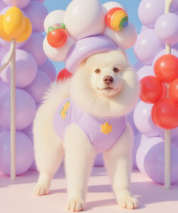 A Fluffy White Dog In A Lavender Outfit Stands Amidst Pastel Balloons And A Clear Blue Sky