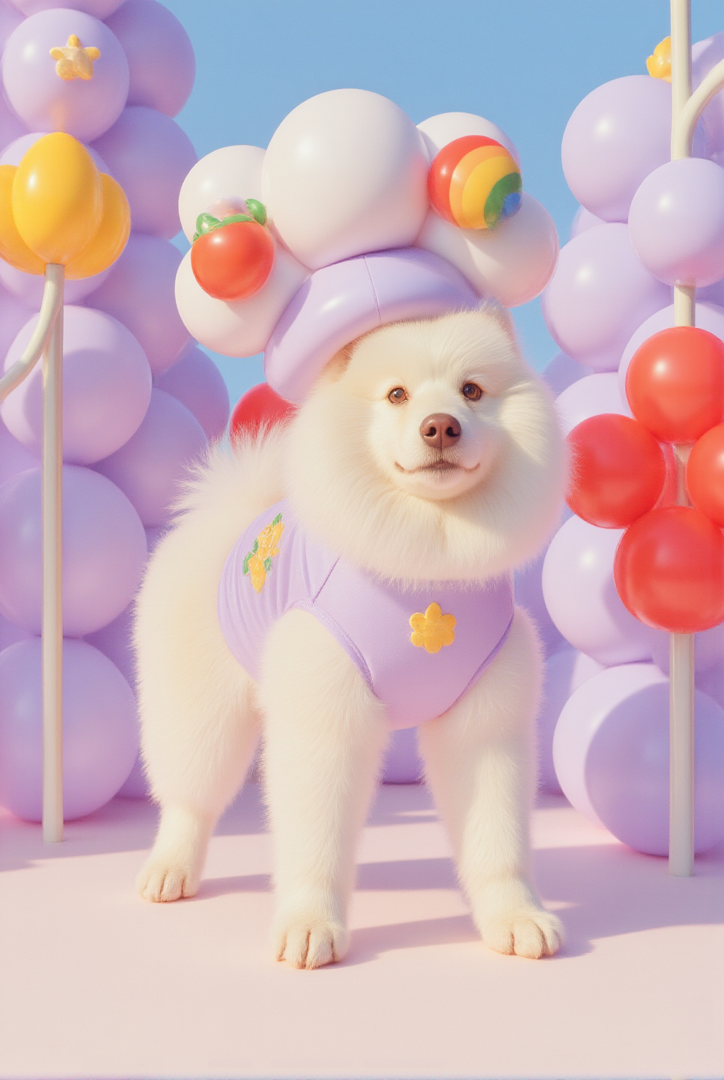 A Fluffy White Dog In A Lavender Outfit Stands Amidst Pastel Balloons And A Clear Blue Sky