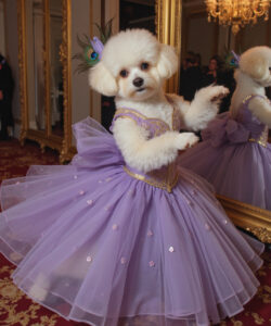 A Fluffy White Poodle In A Lavender Sequined Gown Stands In Front Of A Mirror Surrounded By Luxurious Decor