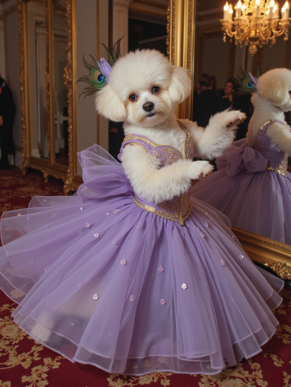 A Fluffy White Poodle In A Lavender Sequined Gown Stands In Front Of A Mirror Surrounded By Luxurious Decor