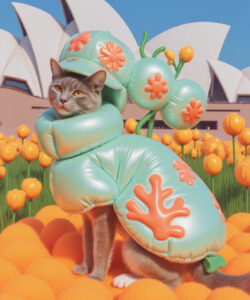 A Gray Cat Wearing A Green Inflatable Plant Costume Sits Amidst Orange Flowers With The Sydney Opera House In Background