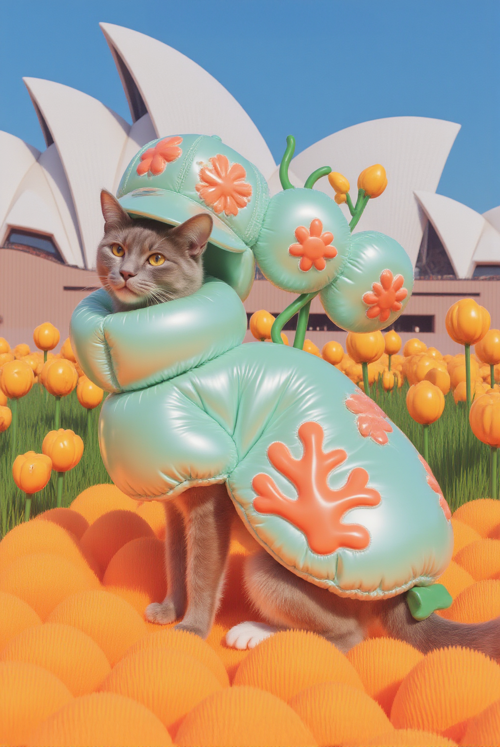 A Gray Cat Wearing A Green Inflatable Plant Costume Sits Amidst Orange Flowers With The Sydney Opera House In Background