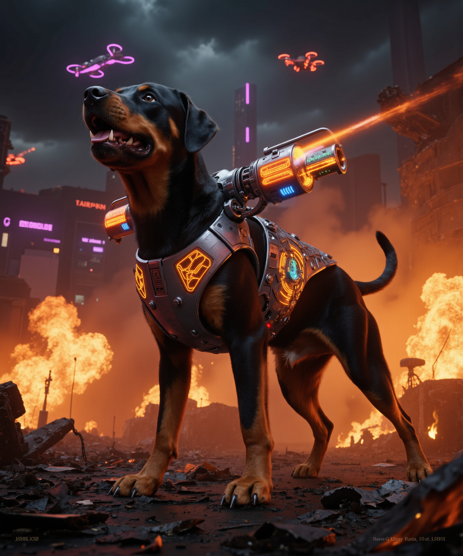 A Photorealistic CGI Image Of A Cybernetically Enhanced Doberman In A War Torn City With Glowing Neon Signs And Explosions