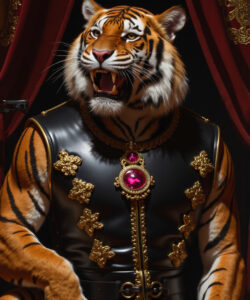 A Photorealistic CGI Image Of A Fierce Anthropomorphic Tiger In A Black Leather Outfit With Gold Accents Roaring