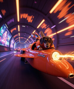 A Realistic CGI Image Featuring A Small Black Dog In A Red Spacesuit Piloting A Futuristic Orange Rocket Car