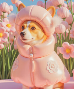 A Realistic CGI Image Of A Cute Corgi In A Pink Winter Coat Surrounded By Pink Tulips And Butterflies