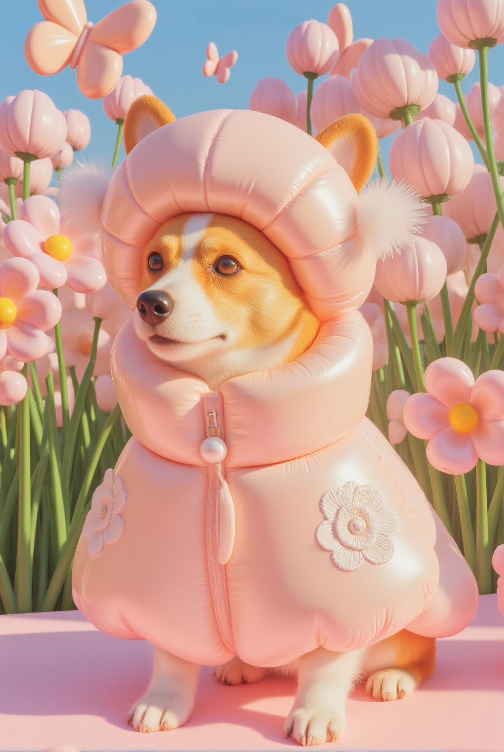 A Realistic CGI Image Of A Cute Corgi In A Pink Winter Coat Surrounded By Pink Tulips And Butterflies
