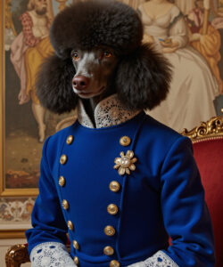 A Realistic CGI Image Of A Poodle Wearing A Blue Military Style Coat With Gold Buttons And Lace Cuffs