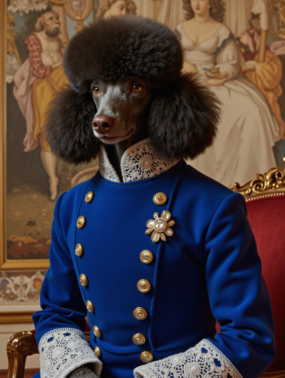 A Realistic CGI Image Of A Poodle Wearing A Blue Military Style Coat With Gold Buttons And Lace Cuffs