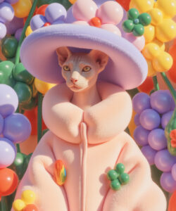 A Surreal CGI Image Featuring A Pink Cat In A Lavender Hat Amidst Colorful Balloons Set Against A Vibrant Floral Background