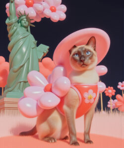 A Surreal Digital Artwork Featuring A Siamese Cat In A Pink Dress Balloons And A Statue Of Liberty