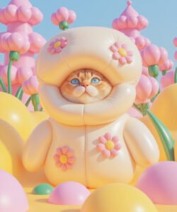 A Whimsical CGI Artwork Featuring A Cat In A Cream Colored Flower Adorned Puffer Jacket Amidst A Pastel Colored Flower Filled Garden
