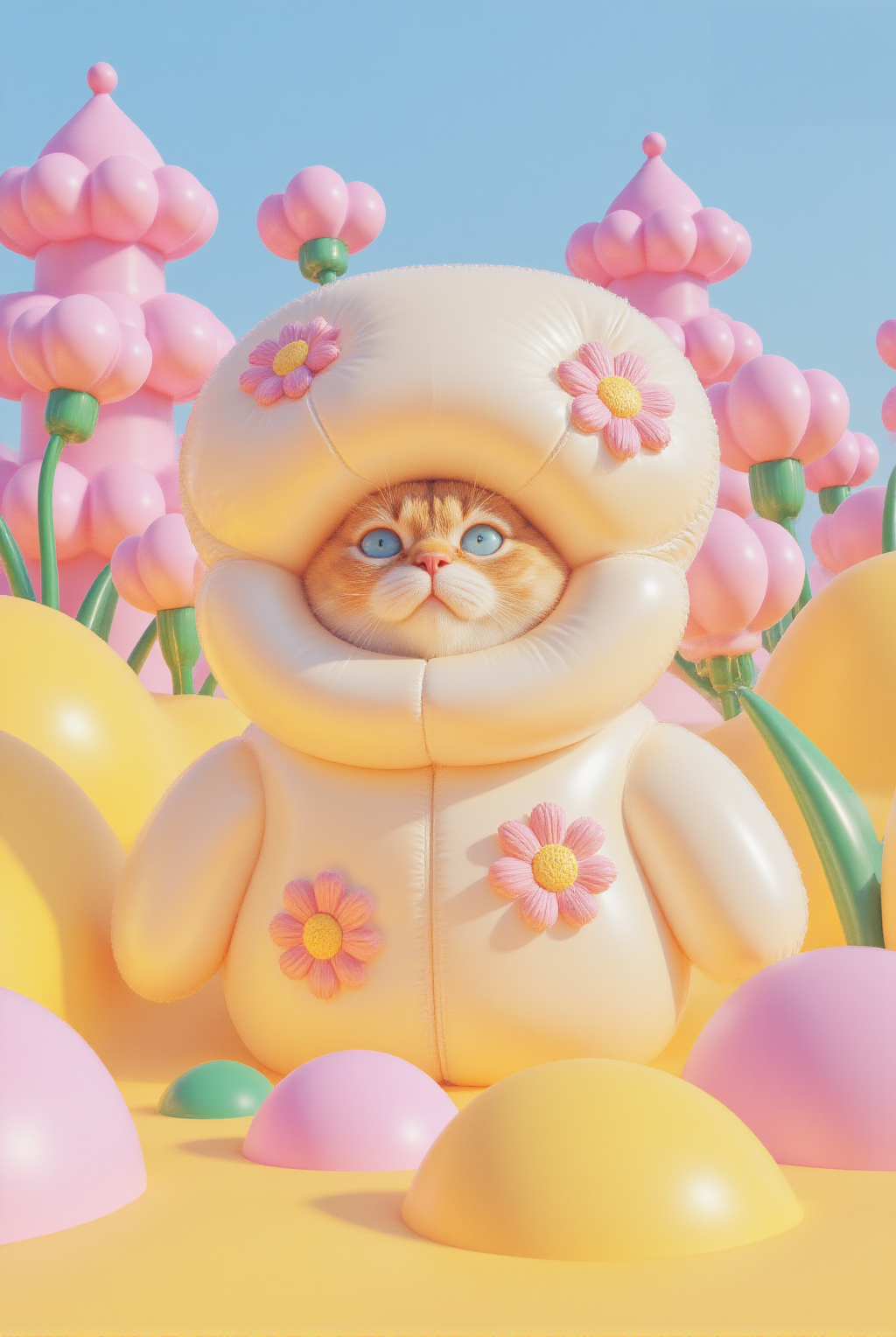 A Whimsical CGI Artwork Featuring A Cat In A Cream Colored Flower Adorned Puffer Jacket Amidst A Pastel Colored Flower Filled Garden