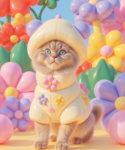 A Whimsical CGI Illustration Featuring A Blue Eyed Fluffy Kitten In A Yellow Flower Patterned Onesie Amidst Vibrant Oversized Flowers