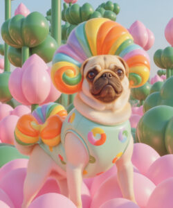 A Whimsical CGI Illustration Featuring A Pug Adorned In Colorful Curlers And A Bow Amidst Pastel Floral Balloons