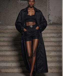 All Black Outfit Long Trench Coat Black Shorts Crop Top Edgy Fashion