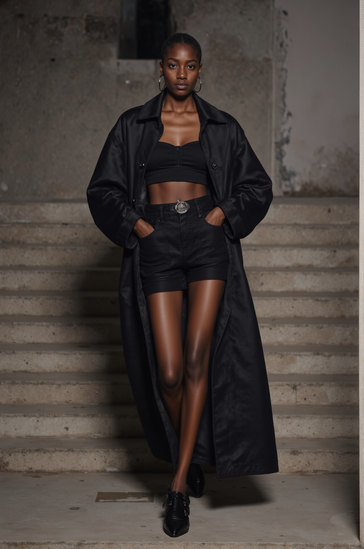 All Black Outfit Long Trench Coat Black Shorts Crop Top Edgy Fashion